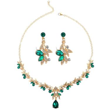 Imagem de DOPENSPI Conjunto de 3 peças de joias verdes e douradas, conjuntos de joias de casamento para noivas com strass, colar elegante, brincos, traje formal, conjunto de joias para mulheres, noivas