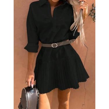 Imagem de Vestido feminino preto – Mini vestido plissado de manga comprida com colarinho, Preto, M
