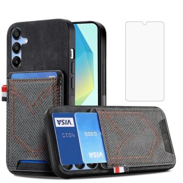 Imagem de Asuwish Capa de celular para Samsung Galaxy A16 5G/4G Capa magnética com protetor de tela de vidro temperado e couro PU jeans porta-cartões de crédito acessórios A 16 16A SM-A166U Mulheres Homens