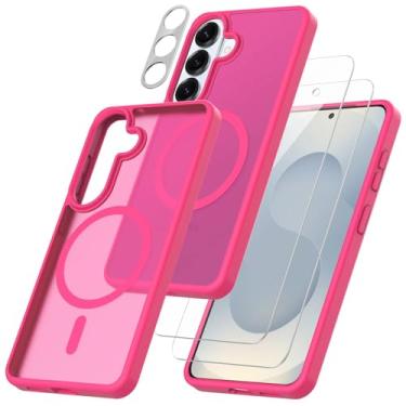 Imagem de Capa para Samsung Galaxy A57 5G com 2 películas de vidro temperado com 1 protetor de lente de câmera, compatível com suportes magnéticos, capa protetora à prova de choque para celular (rosa vermelha)