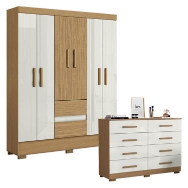 Imagem de Cômoda e Guarda Roupa Casal Coimbra 6 Portas 10 Gavetas MDP Atacama Off White Aramóveis
