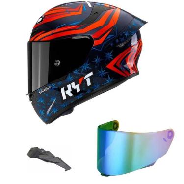 Imagem de Capacete KYT TT Course Fernandez 2022 Azul e Vermelho Mais Viseira Camaleão e Spoiler F...