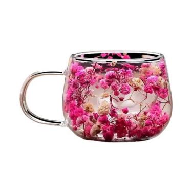 Imagem de Copo De Café De Vidro Com Flores Secas De 350ml, Dupla Camada, Resiste