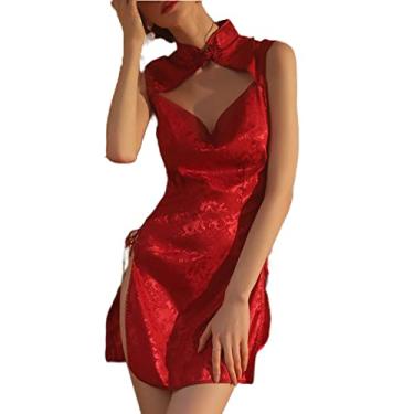 Imagem de Temptshow Ladies Sexy Cheongsam Chinese Lingerie Cosplay Perspective Dress Costume (Claret)