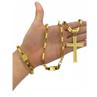 Imagem de Cordão 8mm Tijolinho Pulseira E Pingente Banhado