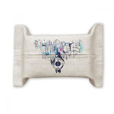Imagem de Relógio de construção moderno da cidade com suporte de capa de papel para lenços faciais, bolsa de linho de algodão