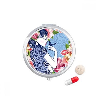 Imagem de Caixa de comprimidos feminina de flor de pássaro chinesa com bolso para remédios