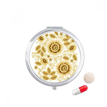 Imagem de Caixa de comprimidos amarela dourada clássica com estampa floral e bolso para remédios