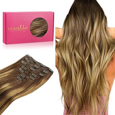 Imagem de WENNALIFE Extensões de cabelo humano real, 35,5 cm, 120 g, 7 peças, balayage, chocolate, marrom a caramelo, loiro