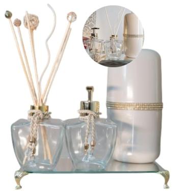 Imagem de Kit Lavabo Porta Sabonete Líquido + Difusor Super Luxo + Bandeja + Porta Escovas K216 (Dourado)