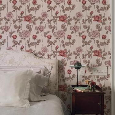 Imagem de Papel de parede floral Papel de parede rosa rosa para quarto/banheiro, papel de parede vintage de fazenda (45 cm x 299 cm) papel de parede adesivo papel de parede amigável para locação papel de parede