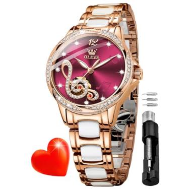 Imagem de OLEVS Relógios femininos automáticos com corda automática relógio feminino ouro rosa diamante relógio de pulso de cerâmica branca para mulheres amor coração data, Música vermelha, relógio mecânico