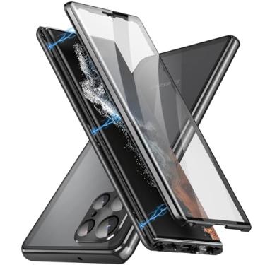 Imagem de TEETSY Capa magnética para Samsung Galaxy S24 Ultra/S24 Plus/S24 Plus/S24 Capa de telefone de vidro temperado transparente dupla face com protetor de câmera à prova de choque de alumínio com trava de