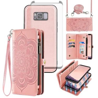 Imagem de Asuwish Capa de celular para Samsung Galaxy S8 Plus com zíper carteira de celular com alça protetora de tela de vidro temperado mandala flor porta-cartões S8plus S 8 8 plus 8S Edge S8+ SM-G955U