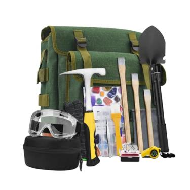 Imagem de Kit de martelo geológico, 16 peças, martelo de 650 ml e 3 peças de cinzéis de escavação para caça de rocha, equipamento de mineração e prospecção de ouro, pá de engrenagem, mochila, lupa, óculos,