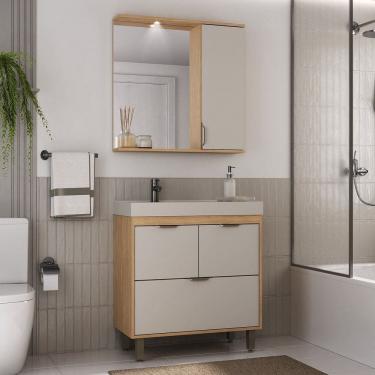 Imagem de Conjunto de Banheiro Gabinete 2 Portas 1 Gaveta e Espelheira com Led 1 Porta Eleganza Carvalho Marrom / Arenas