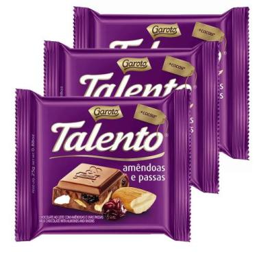 Imagem de Chocolate Garoto Talento Amêndoas e Uvas Passas 25g  Kit com três unid