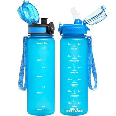 Imagem de OLDLEY Garrafa de água infantil para escola, 500 ml (2 tampas), sem BPA, reutilizável, à prova de vazamento, durável, garrafas de água de plástico Tritan com canudo e tampas de buzina, tampa de bico