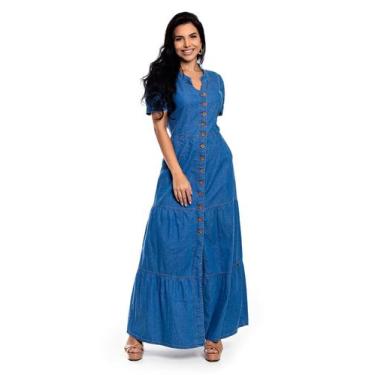 Imagem de Vestido Longo Sarja Jeans Gola V com Mangas  - Restrito Jeans, 38, 198