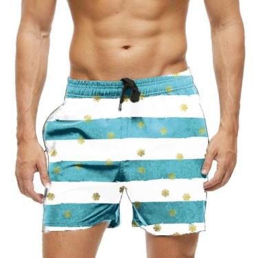 Imagem de Short Praia Shorts Banho Bermuda Verão Xadrez Azul Bolinhas Dourada 90