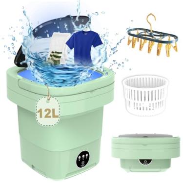 Imagem de Máquina de lavar portátil, máquina de lavar pequena capacidade de 11L, mini lavadora e secadora dobrável com centrifugação para viagem, apartamento, meias, roupa íntima (verde)