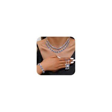 Imagem de fxmimior Boho Prata Moda Formatura Brilhante Azul Strass Gargantilha Brincos Conjunto de Pulseiras Delicadas Camadas Sexy Gargantilha Colar Preto Halloween Vermelho Natal Colar para Mulheres, Metal,
