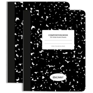 Imagem de Bilinny Cadernos de composição, pacote com 2 (100 folhas), caderno de composição pautado largo para estudantes de escola e faculdade, caderno de mármore de 24,8 cm x 19 cm com folhas de dupla face
