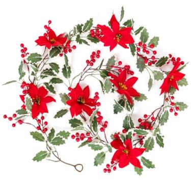 Imagem de RECUTMS Guirlanda de Natal 6,6 Pés Guirlanda de Natal Artificial, Guirlanda de Pinho com Pinhas, Baga Vermelha, Decoração de Natal com Flores Vermelhas para Escadas de Casa Lareira ()