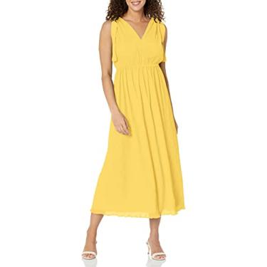 Imagem de Maggy London Vestido longo de chiffon com ombro amarrado para encontros noturnos, Limão, 50