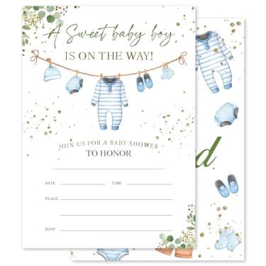 Imagem de Whaline 25 conjuntos de roupas de bebê menino chá de bebê convites de festa com envelopes adesivos azul bonito convite de festa cartões de papel convites de preenchimento para aniversário gênero