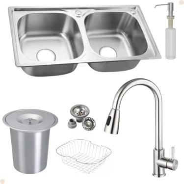 Imagem de Kit Cuba Dupla Inox + Acessórios Com Torneira Gourmet Extensora Escovada E Lixeira de Embutir 5 Litros