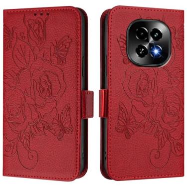 Imagem de Capa carteira rosa e borboleta em relevo para Realme C63 5G, [bloqueio RFID] [suporta carregamento sem fio] 3 compartimentos para cartão e 1 compartimento para dinheiro, capa flip com fivela magnética