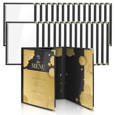 Imagem de As capas de menu Flexzion servem em papel de 24 x 32 cm – Manga de pasta com costura tripla de restaurante – Livro de pedido de 3 páginas 6 páginas com folhas de PVC transparente, encadernação preta para Deli Cafe Drink Bar, Preto, 30 Pack