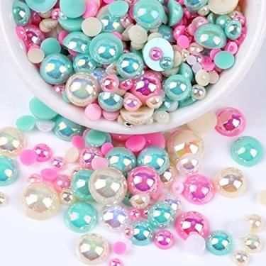 Imagem de Pérolas de fundo plano para artesanato, 50 g mistura rosa verde marfim meias pérolas para artesanato, tamanho misto 3/4/5/6/8/10 mm pérolas meia redondas planas para artesanato copos de sapatos, copos de roupas, projetos arte de rosto de unhas