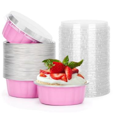 Imagem de Beasea Pacote com 50 ramequins descartáveis de 227 g com tampas rosa, copos de alumínio, copos de folha de alumínio, creme brulee, muffin, cupcake, mini copos de pudim para festa, casamento,