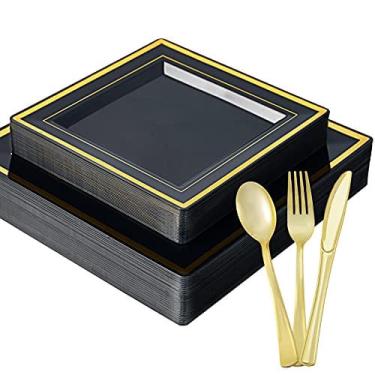 Imagem de Placas quadradas de plástico de ouro preto 125 unidades, incluindo 25 pratos descartáveis, 25 pratos de salada de plástico, 25 talheres de plástico, p