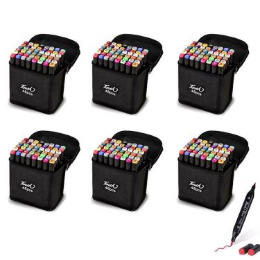 Imagem de Estojo Caneta Permanente 48 Cores Canetinha Ponta Dupla Kit 6 unidades Marcador Pintura Escola Faculdade Curso Artes Cartaz