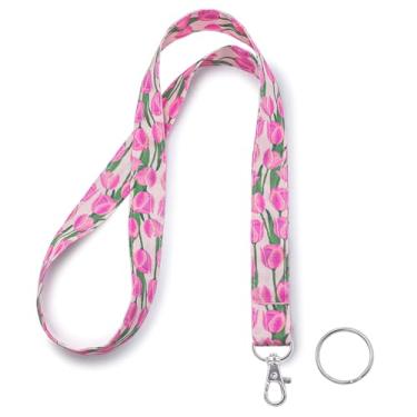 Imagem de Cordão de impressão floral tulipa para chaves, emblemas, porta-identidade – Linda alça de pescoço de tecido para professores, funcionários, trabalho, estudantes
