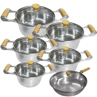 Imagem de Jogo de Panelas Com frigideira em Alumínio Batido Fundido 6 Peças Polida Grossa com Tampa de Vidro