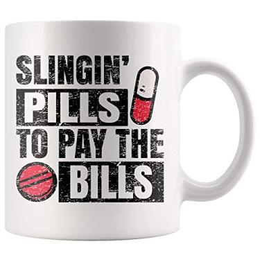 Imagem de Slingin' Pills To Pay Bills Pharmacy Technician For Men Women- Caneca de chá de cerâmica de 325 ml - Farmador engraçado, Branco, 11oz