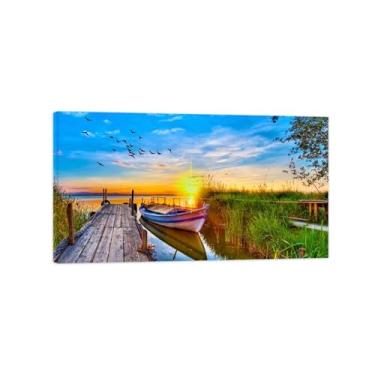 Imagem de Impressões de arte de parede da natureza. Imagens de decoração de lago. Pintura de arte de paisagem. Linda impressão de pôster moderno de barco do pôr do sol em tela para sala de estar 50 x 90 cm - 19