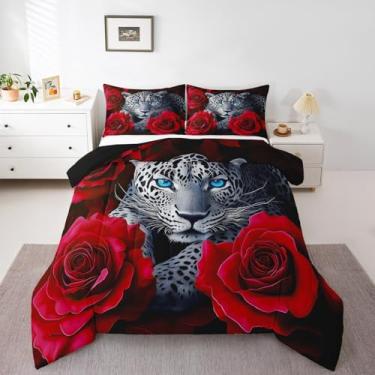 Imagem de jejeloiu Conjunto de edredom de leopardo para meninas, meninos, crianças, Queen, com estampa de guepardo, rosa vermelha, 3 peças, decoração de estilo de vida selvagem, respirável, macio e leve de