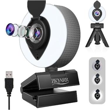 Imagem de Ziqarr Webcam FHD 1080p All-in-One com luz e com microfone embutido de redução de ruído, capa de privacidade, mini-tripé e campo de visão de 110° para streaming, conferências, reuniões e jogos