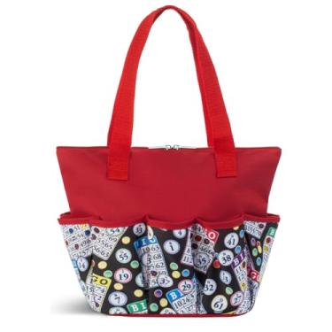 Imagem de Bolsa clássica com estampa preta de bingo com 10 bolsos para daubers e acessórios – bolsa preta portátil com zíper para amantes e jogadores – adultos e idosos (vermelho)