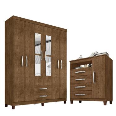 Imagem de Kit Guarda Roupa Casal 6 Portas 2 Gavetas Com Espelho E Cômoda Sapateira 1 Porta 4 Gavetas Malbec