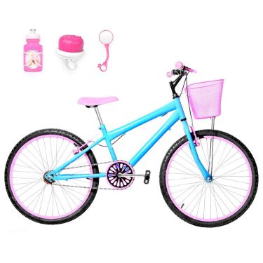 Imagem de Bicicleta Feminina Aro 24 Alumínio Colorido + Kit Passeio Cor Azul Claro E Rosa