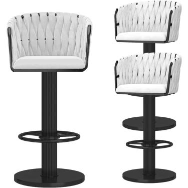 Imagem de Bancos de barra giratória Conjunto de 2, cadeiras de jantar com estofamento de veludo com traseiras tecidas, bancos de bar de cozinha moderna com apoio de pé, altura ajustável 65-80cm, branc