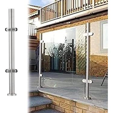 Imagem de Postos redondos de trilhos de vidro de tubo, piso em pé de aço inoxidável postes postagem de escada de escada, coluna com grampos de vidro bloco bloco, posto de canto prateado, 95cm/37,4 em