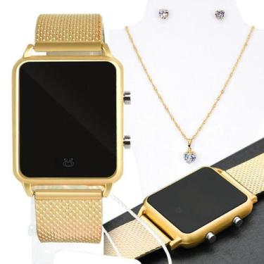 Imagem de kit relogio feminino digital led dourado silicone casual - Orizom
