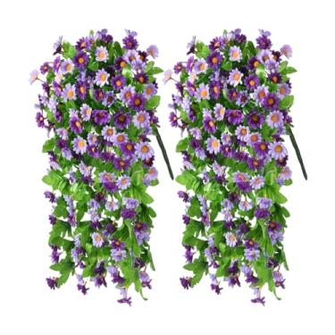 Imagem de 2 peças de flores artificiais penduradas, plantas falsas ao ar livre, glória da manhã de seda com folhas de eucalipto, flores artificiais de primavera de seda sintética para parede, jardim, casamento